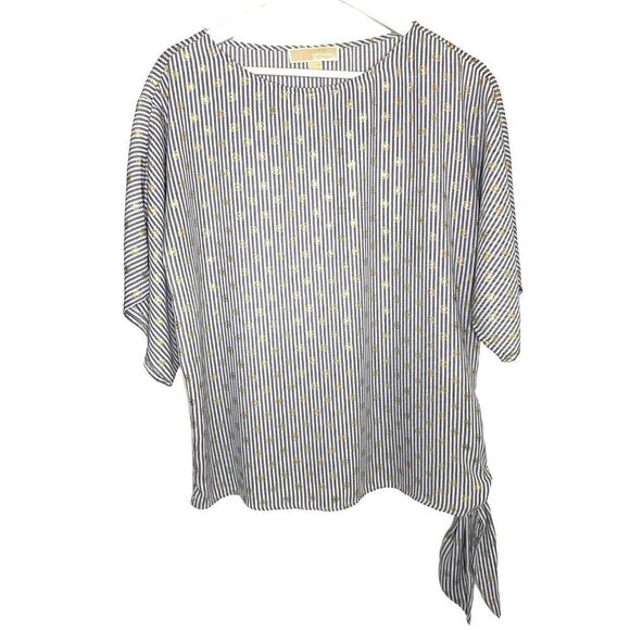 Michael‎ Kors 1/2 Sleeve Blouse Side Tie Waist Blue/White Striped w/Gold Print M - Picture 1 of 8